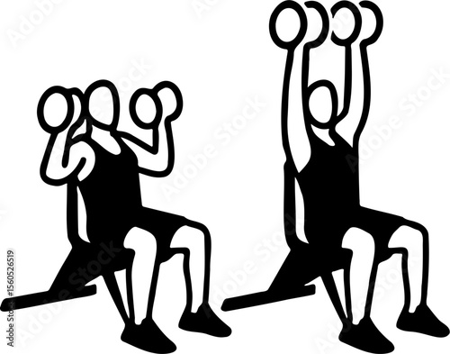 vector illustration of man doing seated dumbbell overhead shoulder press, isolated on white
