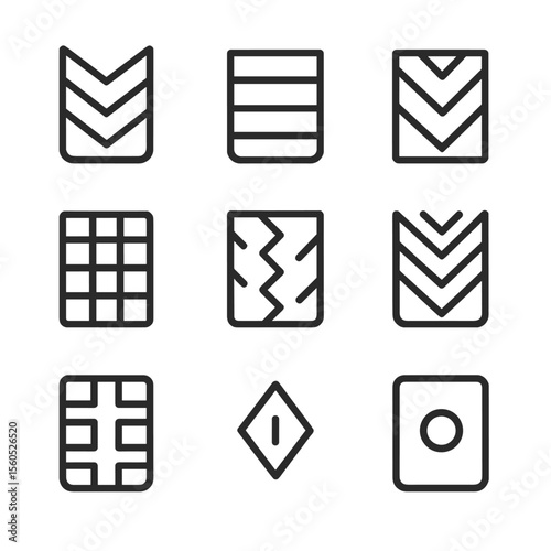 Crawler Tread Icon Set. Outline icon set of crawler track tread patterns: chevron tread, straight-bar tread, multi-bar tread,