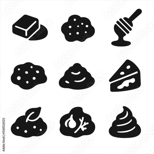 Bread Toppings Icons. Solid, Filled icon set of bread toppings and spreads: butter pats, strawberry jam, honey drizzle, olive
