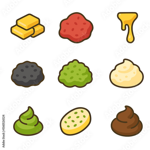 Bread Toppings Icons. Flat icon set of bread toppings and spreads: butter pats, strawberry jam, honey drizzle, olive tapenade,