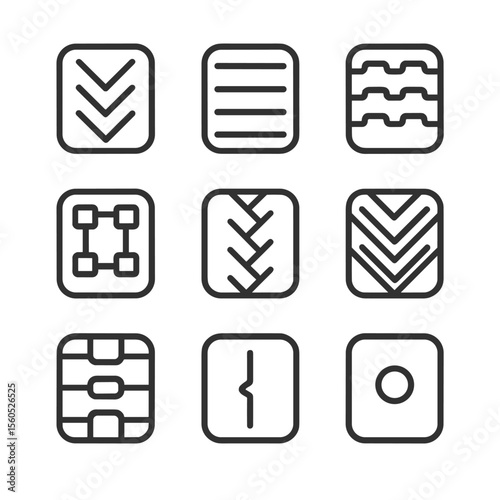Crawler Tread Icon Set. Outline icon set of crawler track tread patterns: chevron tread, straight-bar tread, multi-bar tread,