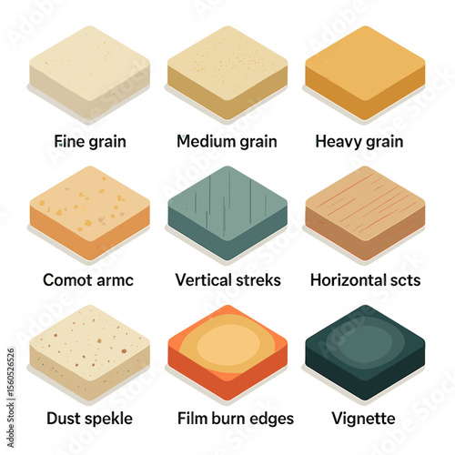 Isometric Film Grain Icons. Isometric Flat icon set of film grain and texture patterns: fine grain overlay, medium grain overlay,