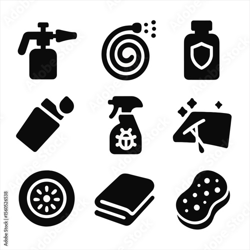 Car Care Icons. Solid, filled icon set of exterior detailing and protection: foam cannon, water hose, ceramic coating, paint