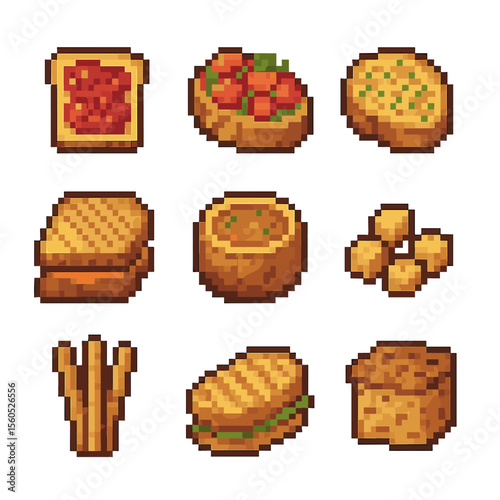 Bread Icon Set. Pixel art icon set of bread serving ideas: toast with jam, bruschetta, garlic bread, grilled sandwich, bread bowl