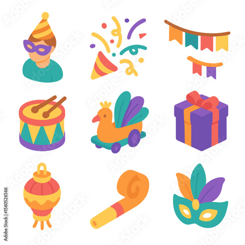 Carnival Icon Set. Isometric Flat icon set of Carnival Festival Celebration: person wearing party hat and masquerade mask,