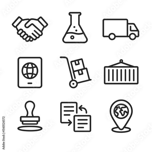 Cross-Border Lab Icons. Outline icon set of cross-border laboratory partnerships: shaking hands, laboratory flask, transport truck