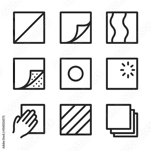 Finishing Options Icons. Outline icon set of Color and Finishing Options: matte finish, glossy finish, metallic foil, holographic