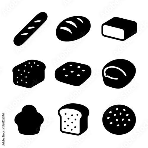 Bread Variety Icons. Solid, Filled icon set of bread varieties: baguette, sourdough loaf, ciabatta, rye bread, focaccia, pita
