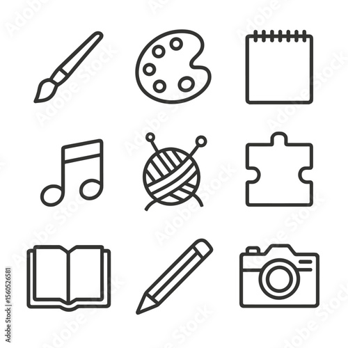 Creative Relaxation Icons. Outline icon set of creative relaxation activities: paintbrush, artist palette, sketchbook, musical