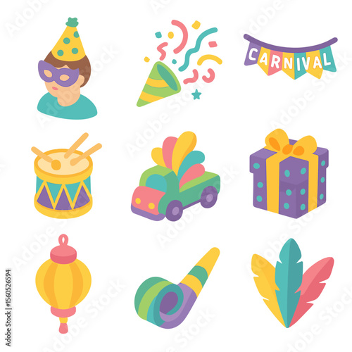 Carnival Icon Set. Isometric Flat icon set of Carnival Festival Celebration: person wearing party hat and masquerade mask,