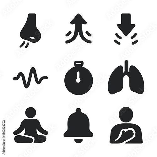 Breathing Techniques Icons. Solid, filled icon set of mindful breathing and calm: nose with air flow, inhale icon, exhale icon,
