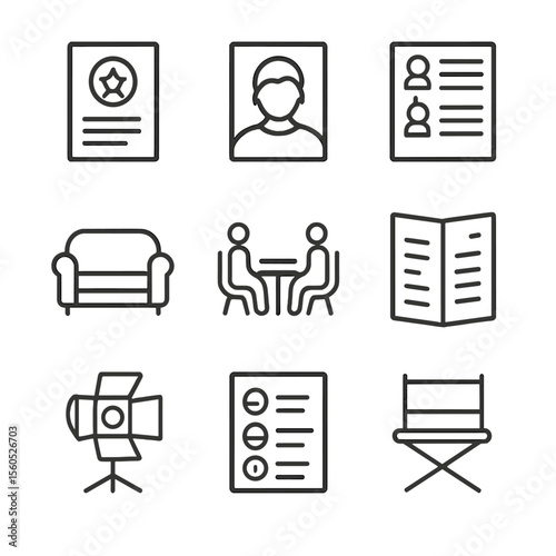 Casting Icons Set. Outline icon set of Casting and Auditions: audition notice, headshot photo, talent roster, casting couch,