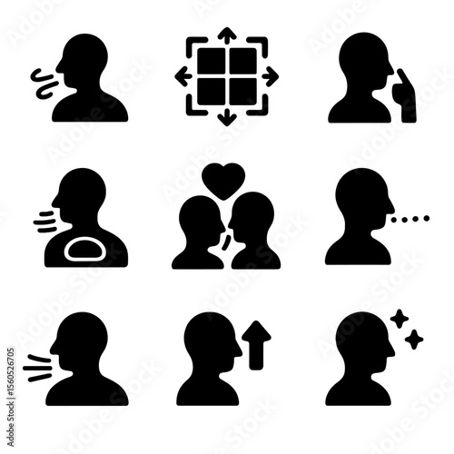 Breathing Techniques Icons. Solid, filled icon set of breathing techniques: deep breath, box breathing, alternate nostril,