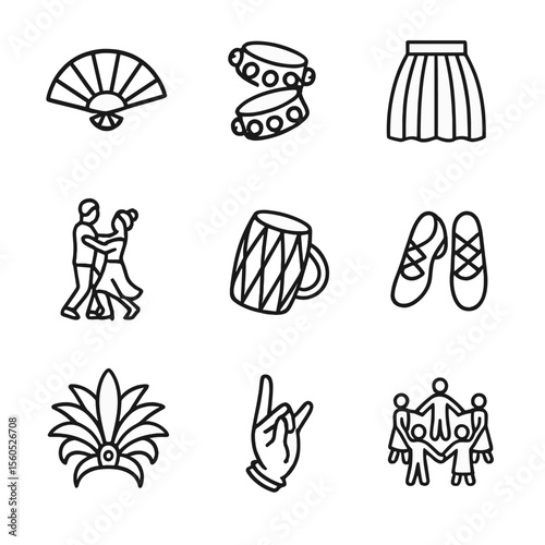 Cultural Dance Icons. Outline icon set of cultural dance showcases: flamenco fan, kathak ankle bells, hula skirt, salsa partner