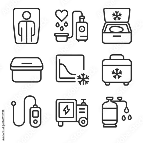 Cryonics Process Icons. Outline icon set of cryonics process steps: patient packaging, perfusion pump, organ flush, sealing