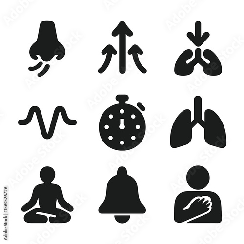 Breathing Techniques Icons. Solid, filled icon set of mindful breathing and calm: nose with air flow, inhale icon, exhale icon,