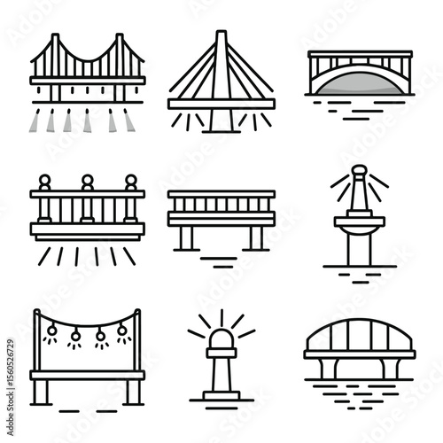 Bridge Lighting Icons. Outline icon set of bridge night illuminations: suspension cable uplight, pylon floodlight, under-bridge
