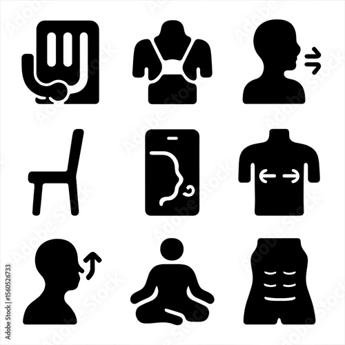 Breathing Therapy Icons. Solid, filled icon set of breathing and posture therapy: spirometer, posture brace, chest expansion icon,