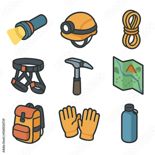Caving Gear Icons. Isometric Flat icon set of caving and spelunking gear: flashlight beam, cave helmet, climbing rope, harness,