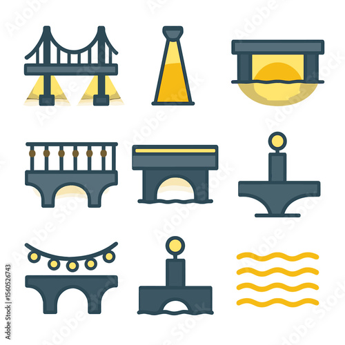 Bridge Light Icons. Flat icon set of bridge night illuminations: suspension cable uplight, pylon floodlight, under-bridge glow,