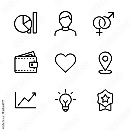 Customer & Purchase Icons. Outline icon set of customer segmentation: demographic chart, age group silhouette, gender symbols,