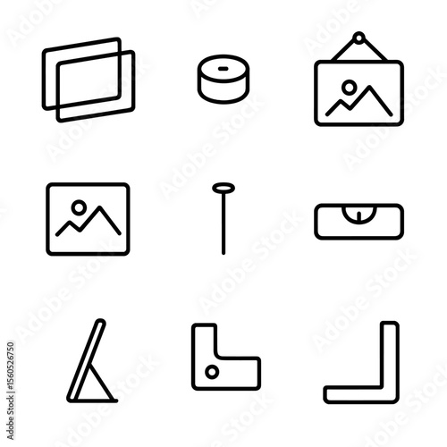 Floating Glass Frame Icons. Outline icon set of floating glass photo frames: two glass panes, metal spacer, magnetic clip, hanging