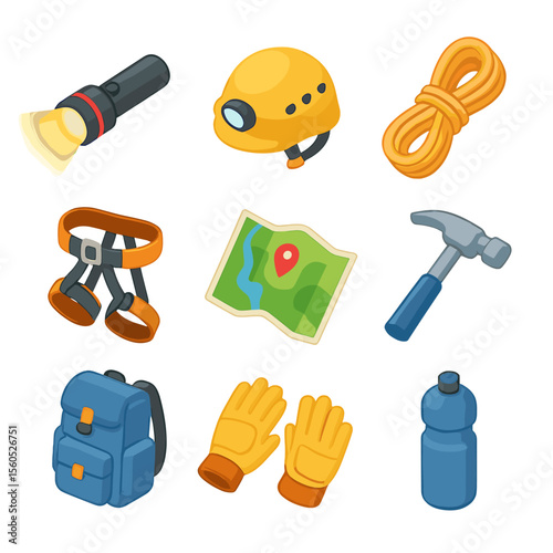 Caving Gear Icons. Isometric Flat icon set of caving and spelunking gear: flashlight beam, cave helmet, climbing rope, harness,