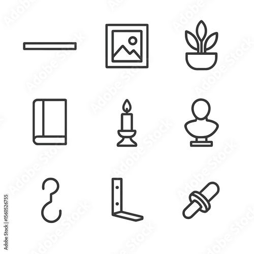 Floating Shelf Icons. Outline icon set of floating shelf photo arrangement: floating shelf plank, framed photo, tabletop plant,