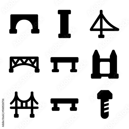 Bridge Icon Set. Solid, filled icon set of bridge architectural details: arch, pillar, cable, truss, deck, tower, suspension, beam