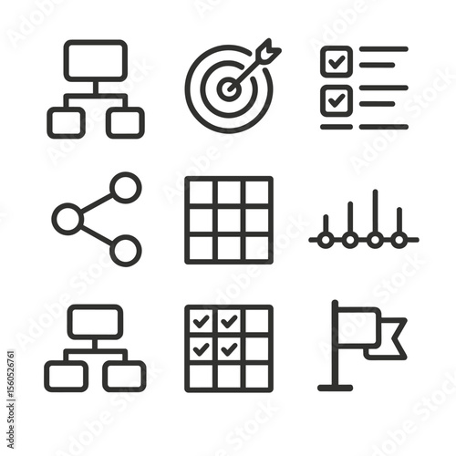 Curriculum Mapping Icons. Outline icon set of curriculum mapping tools: course map, learning objectives, standards alignment,