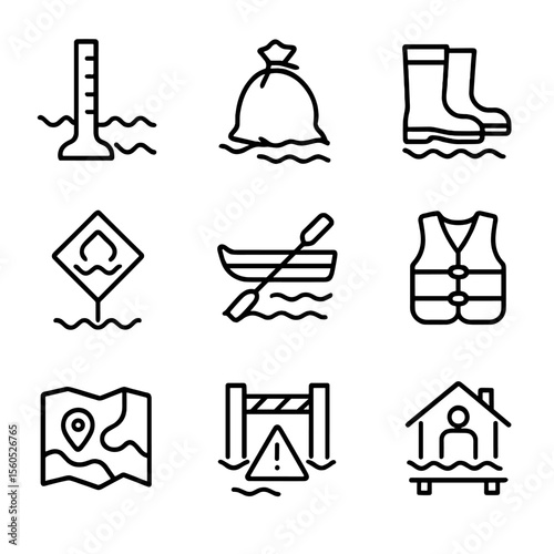 Flood Preparedness Icons. Outline icon set of flood drills: flood gauge, sandbag, water boots, high water sign, evacuation boat,