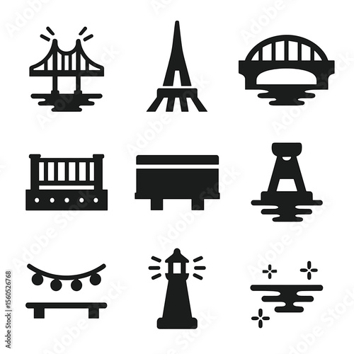 Bridge Lighting Icons. Solid, Filled icon set of bridge night illuminations: suspension cable uplight, pylon floodlight,