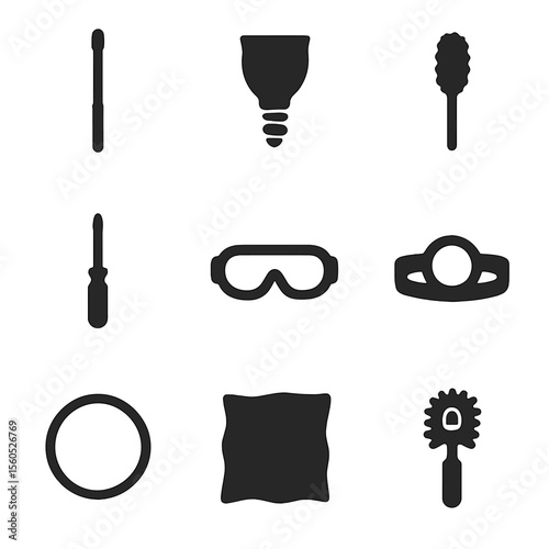 Ceiling Maintenance Icons. Solid, filled icon set of ceiling maintenance tools: telescoping pole, bulb changer cup, dusting wand,