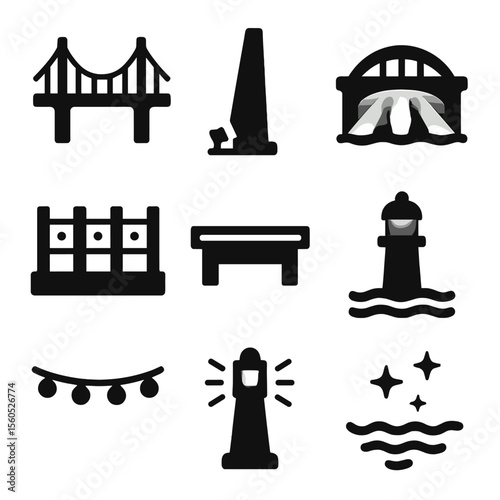 Bridge Lighting Icons. Solid, Filled icon set of bridge night illuminations: suspension cable uplight, pylon floodlight,