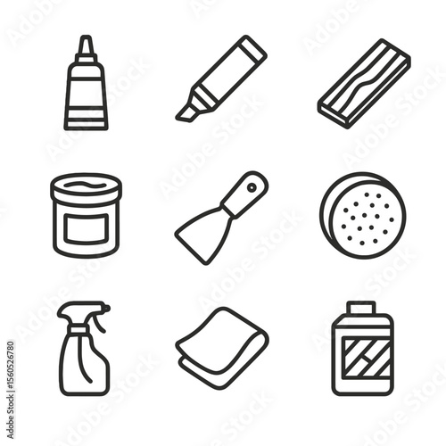 Flooring Tools Icons. Outline icon set of Flooring Maintenance and Repair: wood filler, touch-up marker, spare plank piece,