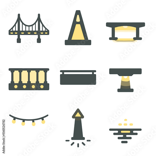 Bridge Light Icons. Flat icon set of bridge night illuminations: suspension cable uplight, pylon floodlight, under-bridge glow,