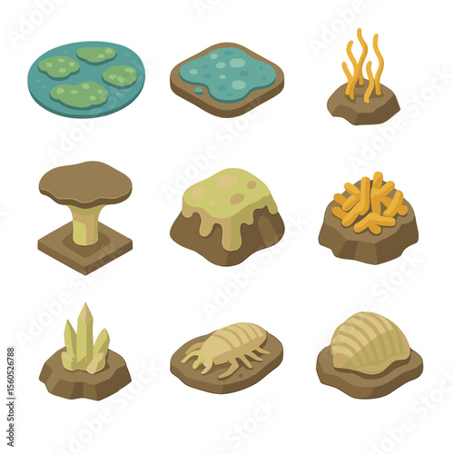 Cave Flora Icons. Isometric Flat icon set of cave flora and microbial mats: algae bloom, cyanobacteria mat, microbialite,