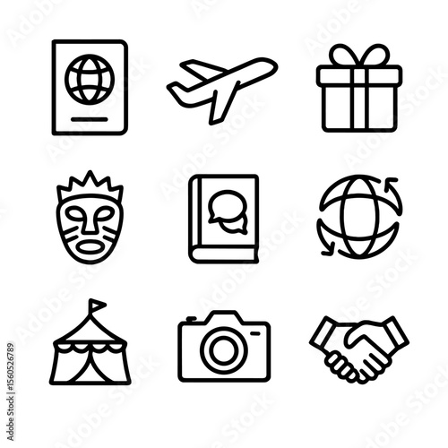 Cultural Exchange Icons. Outline icon set of cultural exchange: passport, airplane, gift box, folk mask, language book, globe