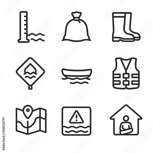 Flood Preparedness Icons. Outline icon set of flood drills: flood gauge, sandbag, water boots, high water sign, evacuation boat,