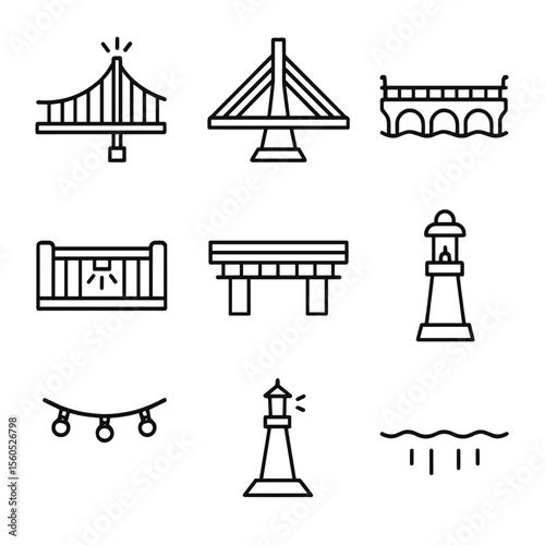 Bridge Lighting Icons. Outline icon set of bridge night illuminations: suspension cable uplight, pylon floodlight, under-bridge