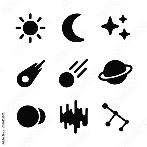 Celestial Icon Grid. Solid, filled icon set of celestial bodies and effects: sun, moon, stars, comet, meteor, planet, eclipse,