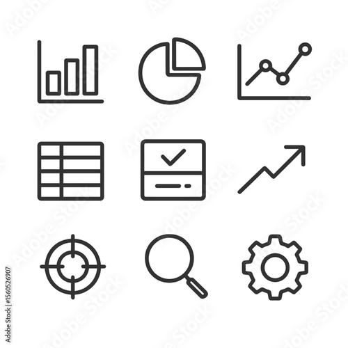 Dashboard Analytics Icons. Outline icon set of dashboard analytics: bar chart, pie chart, line graph, data table, KPI widget,