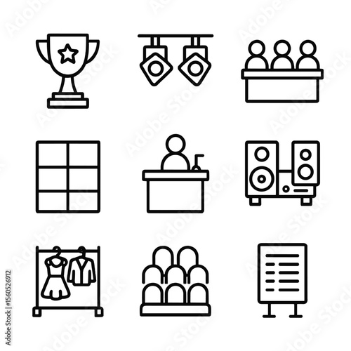 Dance Event Icons. Outline icon set of dance event essentials: trophy cup, stage lighting, judging panel, dance floor,