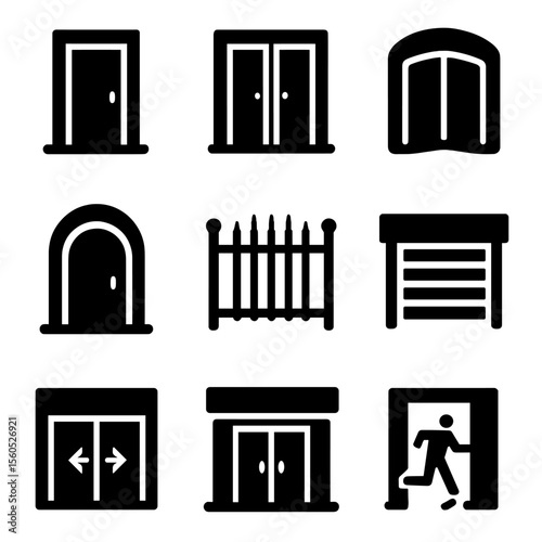 Building Entrance Icons. Solid, filled icon set of building entrances: front door, glass doors, revolving door, arched gate, iron