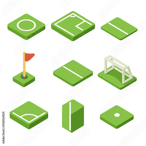 Football Field Icon Set. Isometric Flat icon set of football field layout: center circle, penalty box, goal line, corner flag,