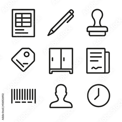 Chain Documentation Icons. Outline icon set of Chain of Custody Documentation: evidence log sheet, signature pen, seal stamp,