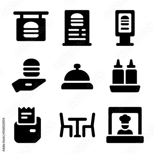 Burger Restaurant Icons. Solid, filled icon set of burger restaurant scenes: burger sign, menu board, ordering kiosk, kitchen