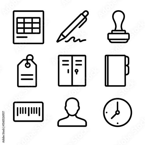 Chain Documentation Icons. Outline icon set of Chain of Custody Documentation: evidence log sheet, signature pen, seal stamp,