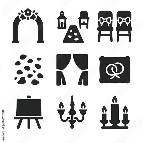 Ceremonial Decor Icons. Solid, filled icon set of ceremonial decor: floral arch, lantern aisle, decorated chairs, petal path, silk