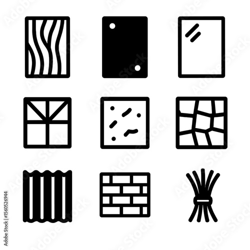 Building Materials Icons. Solid, filled icon set of minimalist building materials: wood paneling, concrete slab, glass pane, steel